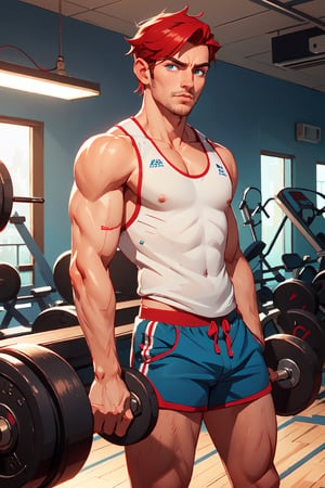 Masterpiece, Best Quality, 1boy, mature male, sexy, handsome, red hair, blue eyes, top tank, shorts, gym,  manly, cowboy shot, looking at viewer.