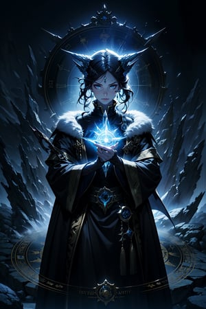 Masterpiece, Best Quality, 1girl, witch, casting ice magic, magic circle, [fire:ice], dark fantasy theme, cowboy shot, looking at viewer.
