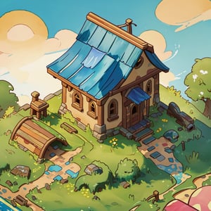 masterpiece,(best quality:1.3),beautiful lightning, vibrant colour, ((isometric view)), grass land, little village, crude watercolour painting,  big brushstrokes, 6 colours, cartoon, Isometric_Setting, house cover, 欧美卡通,Isometric_Setting