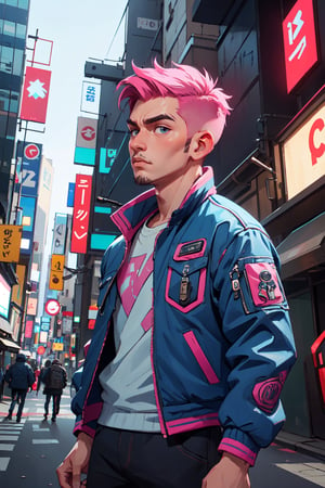 Masterpiece, Best Quality, 1boy, pink hair, (blue jacket), undercut, manly, cyberpunk style, middle of the street, Shibuya, scenery, cowboy shot, from below, ooking at viewer, intricately detailed.