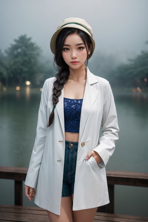 A beautiful indonesian girl, green eyes, braided hairstyles, small breast, thick thighs, wearing a white shirt and a long coat with intricate pattern detail, boater hat, standing in the small lake dock, twilight, rainy, misty, foggy, shallow depth of field, bokeh, cinematic, masterpiece, best quality, high resolution