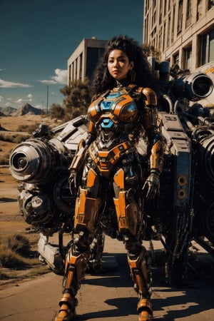full body portrait of a sci-fi female mecha, holding a gun, cyberpunk, Mecha body