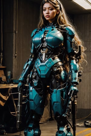 full body portrait of a sci-fi female mecha, holding a gun, cyberpunk, teal and blue, cinematic, masterpiece, Mecha body