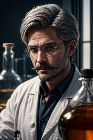 Photo of a handsome male scientist, facial hair, grey hair, laboratory in the background, highly detailed, DSLR, depth of field, deep shadow, cinematic, dynamic lighting, masterpiece, best quality, high resolution