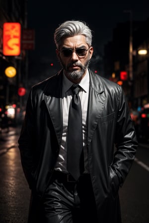 A handsome Indonesian bearded killer with grey hair and sunglasses standing in the dark street corner, wearing tie and suit with black raincoat, epic neon light background, mist, depth of field, cinematic, masterpiece, best quality, high resolution 