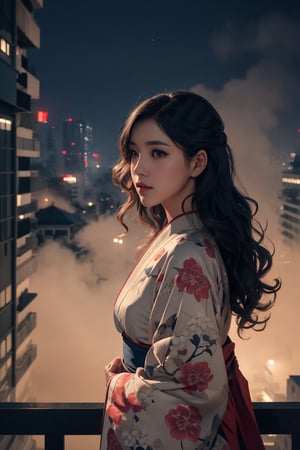 A photograph of a beautiful indonesian girl, wearing kimono with intricate waves pattern detailed, looking at far distance above from apartment balcony with dynamic pose, futuristic city with mist surrounding at midnight background, shallow depth of field, bokeh, into the dark, deep shadow, cinematic, masterpiece, best quality, high resolution, LOFI