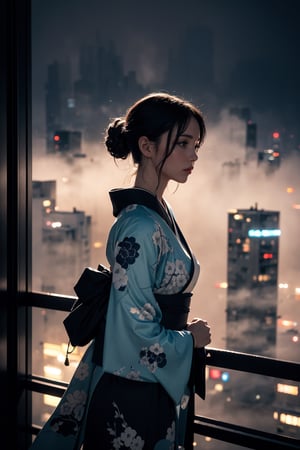 A photograph of a beautiful woman, wearing kimono with intricate waves pattern detailed, looking at far distance above from apartment balcony with dynamic pose, futuristic city with mist surrounding at midnight background, shallow depth of field, bokeh, into the dark, deep shadow, cinematic, masterpiece, best quality, high resolution, LOFI