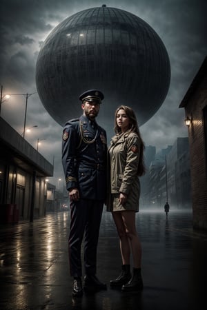 A handsome bearded man and a beautiful woman standing side by side, athletic, wearing military uniform, standing at the futuristic city empty street while rain, misty, foggy, shallow depth of field, bokeh, cinematic, masterpiece, best quality, high resolution