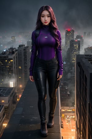 A beautiful indonesian girl mutant with brown eyes and very long wavy purple hair standing at the rooftop of ruined building while rainy, small breast, thick thighs, wearing tactical gear bodysuit and tight pants, (full body, seen from above), mist, foggy, windy, epic city background, shallow depth of field, bokeh, into the dark, deep shadow, cinematic, masterpiece, best quality, high resolution