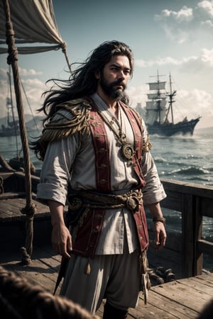 A handsome malayan  bearded pirates standing in his ship, wearing traditional malayan warrior outfit, epic sky background, windy, mist, depth of field, cinematic, masterpiece, best quality, high resolution 