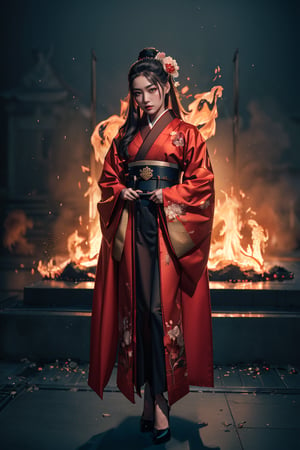  A full body portrait of beautiful young indonesian girl, long straight hair, wearing an elegant traditional kimono flower embroidery, (intricatedetailed on kimono), epic background, Miraculous, Perfect face, small face, small head, (beautiful detailed eyes), symmetrical eyes, (detailed face), slender, dramatic lighting, (8k, photo, masterpiece), (highest quality), (best shadow), (best illustration), ultra high resolution, 8K wallpapers, physically based rendering, photo, realistic, realism, high contrast, hyperrealism, photography, f1.6 lens, intense colors, hyper-realistic realistic texture, (cinestill 800), (detailed face, weapons, fire, glitter), nsfw, (samurai movie theme:1.2)