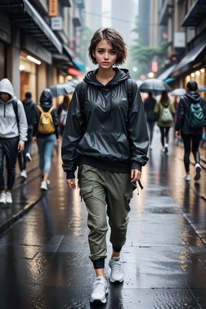 A beautiful girl with messy short hairstyle walking in the middle of crowded business district while rain, wearing urban techwear outfit and tight pants, sneakers, full body, seen from above, shallow depth of field, bokeh, into the dark, deep shadow, cinematic, masterpiece, best quality, high resolution, detailmaster2, aesthetic portrait, Landskaper