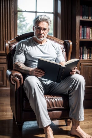A full body portrait of muscular man sitting in chair at the library reading a book, glasses, grey hair, facial hair, tanned skin, tattoos, wearing pyjamas, wide angle shot, bokeh, cinematic, dynamic lighting, masterpiece, best quality, high resolution
