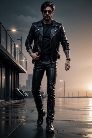 A handsome bearded man, sunglasses, grey messy hair, athletic, muscular, wearing black leather jacket, Terminator movie like, standing at the on fire rooftop building while rain, carrying gun, wet hair and clothes, full body, epic sunset background, misty, foggy, shallow depth of field, bokeh, cinematic, masterpiece, best quality, high resolution,mecha,3d,realism