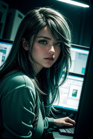 A female social worker having fun in a dark room surrounded by computer screens, teal and green, poor quality photo, blurry, wide angle shot, (dynamic lighting, high detailed skin), cinematic, masterpiece, best quality, high resolution 