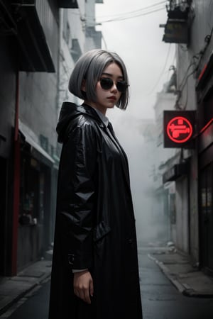 A beautiful indonesian girl killer with grey bob haircut and sunglasses standing in the dark street corner, wearing tie and suit with black raincoat, epic neon light background, mist, depth of field, cinematic, masterpiece, best quality, high resolution 