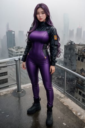 A beautiful indonesian girl mutant with brown eyes and very long wavy purple hair standing at the rooftop of ruined building while rainy, small breast, thick thighs, wearing tactical gear bodysuit and tight pants, (full body, seen from above), mist, foggy, windy, epic city background, shallow depth of field, bokeh, into the dark, deep shadow, cinematic, masterpiece, best quality, high resolution