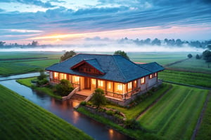 Isometric photo of villa in the middle of Indonesian farm field, seen from above, rain, misty, foggy, blue hour, cinematic, best quality, high resolution 