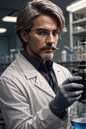 Photo of a handsome male scientist, facial hair, grey hair, laboratory in the background, highly detailed, DSLR, depth of field, deep shadow, cinematic, dynamic lighting, masterpiece, best quality, high resolution