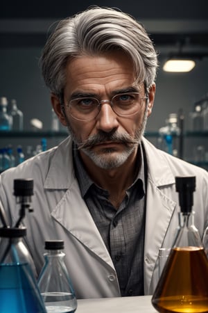 Photo of a handsome male scientist, facial hair, grey hair, laboratory in the background, highly detailed, DSLR, depth of field, deep shadow, cinematic, dynamic lighting, masterpiece, best quality, high resolution