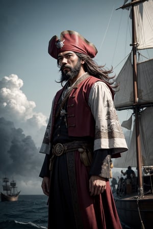 A handsome malayan bearded pirates standing in his ship, wearing traditional pirates outfit with malayan intricate pattern detail, epic sky background, windy, mist, depth of field, cinematic, masterpiece, best quality, high resolution 
