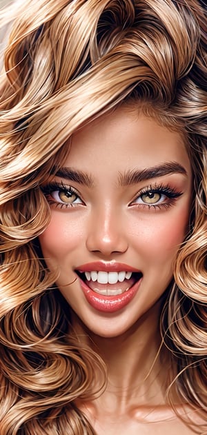 Create a image of beautiful girl laughing, multicolor_hair,multicolor eyes, long wavy hair, beautiful colours,detailed face , bright exspression.