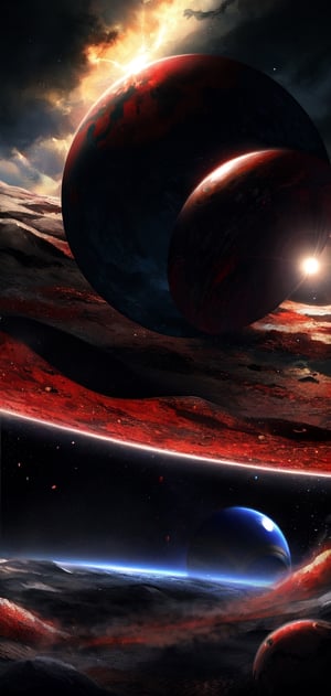 Create a image of two planets.red and blue aura, red blue colours, high detailed,blood,xyzabcplanets,