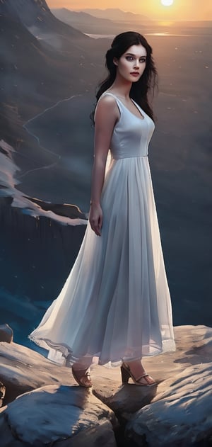 Create photo realistic women stand on the edge of cliff.snow white dress, bare foot ,black hair, beautiful night with big blue moon lighting her up.,photo r3al,EpicSky