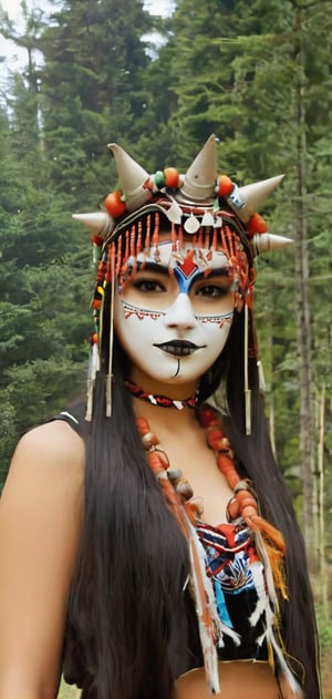 Create a native woman wearing tribal mask. forest, nature , beautiful atmosphere,photo r3al,isni