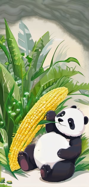 Create photo realistic baby panda playing with corn, cute , small, background of beautiful and green nature, bright colours.