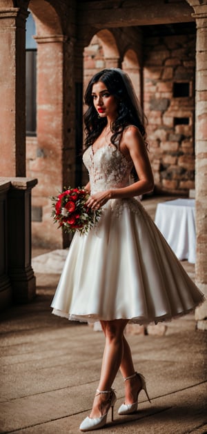 create angelic looking women in very long wedding dress walking towards altar. raven black hair ,blue eyes, hourglass figure , white heels, fluffy wedding dress, small cute nose, beautifull red lips, detailed eyes and face.photo take from side.outstanding colors, beautiful background,perfecteyes,