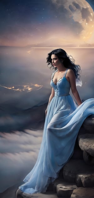 Create photo realistic women stand on the edge of cliff.snow white dress, bare foot ,black hair, beautiful night with big blue moon lighting her up.,photo r3al,EpicSky