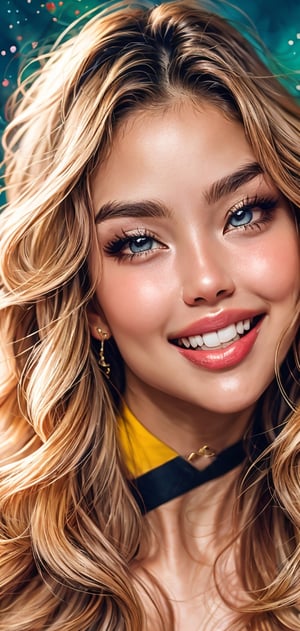 Create a image of beautiful girl laughing, multicolor_hair,multicolor eyes, long wavy hair, beautiful colours,detailed face , bright exspression.