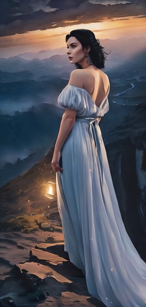 Create photo realistic women stand on the edge of cliff.snow white dress, bare foot ,black hair, beautiful night with big blue moon lighting her up.,photo r3al,EpicSky