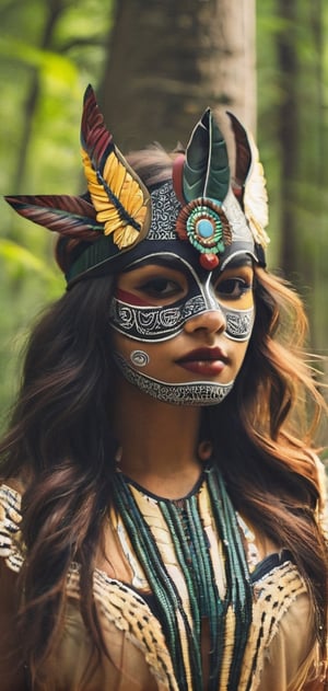 Create a native woman wearing tribal mask. forest, nature , beautiful atmosphere,photo r3al,isni