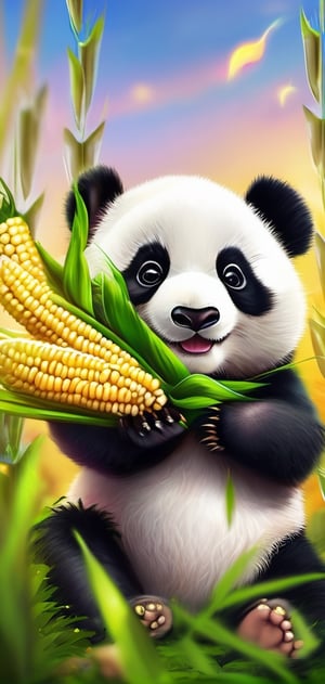 Create photo realistic baby panda playing with corn, cute , small, background of beautiful and green nature, bright colours.