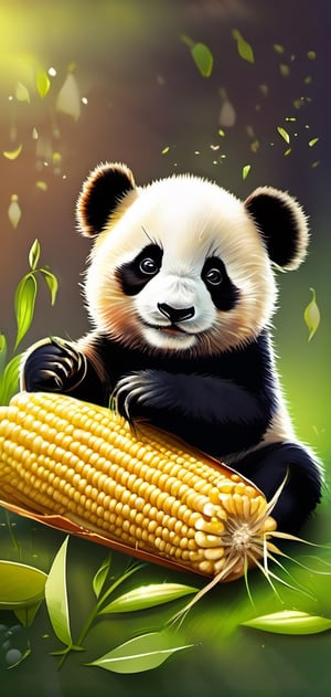 Create a image of baby panda playing with corn, cute , small, background of beautiful and green nature, bright colours.