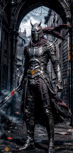 Create a digital black swordman craving for blood. full black armor , long greatsword, dark mood, rich colors , fear , background of destroyd village 
roujinzhi,Dancer_of_the_Boreal_Valley