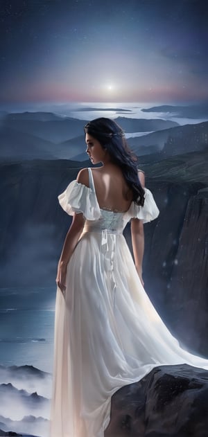 Create photo realistic women stand on the edge of cliff.snow white dress, bare foot ,black hair, beautiful night with big blue moon lighting her up.,photo r3al,EpicSky