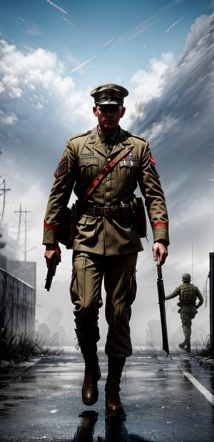 Create a create digital painting of a army soldier walking to war. 