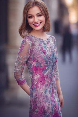 masterpiece, best quality, one beautiful girl(colorful) (finely detailed eyes and detailed face) (full laced hair), (elegant dress), (diastema) (smile), cinematic lighting, standing in the city of Paris