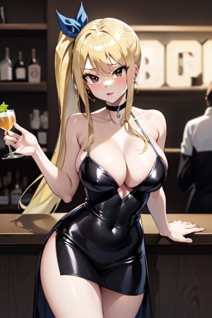 masterpiece, best quality, highres, lucy heartfilia, blonde hair, side_ponytail, long hair, black hair ribbon, brown_eyes, large breasts, earrings, night, sexy, crowd, crowded, bar, club, strip_club, night_club, alcohol, choker_necklace, dark,Neon Light, dress, sexy_dress, modern, (neon_lights), glittering, suggestive_pose, sexy_pose, suggestive_expression, sultry, high_resolution, glossy, masturbating