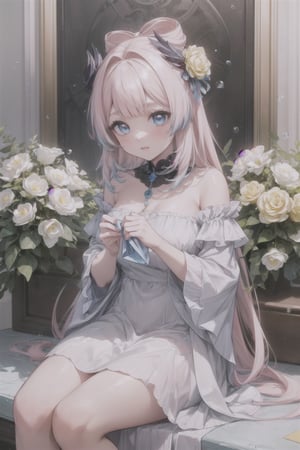 (Masterpiece),  (Best Quality),  (Official Art,  Highly detailed CG unity 8k wallpaper),  (Very detailed),  (((absurdes)),  1 Girl,  Midshot,  (exquisite facial features),  (album cover),  large hair,  light_pink_hair,  light_blue_eyes, sitting on a big white flower with water drops, white dress with yellow flowers, neckline, fluffy dress, smelling flowers