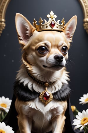 (Masterpiece),  (Best Quality),  (Official Art,  Highly detailed CG unity 8k wallpaper),  (Very detailed),  (((absurdes)),  1 Girl,  Midshot,  (exquisite facial features),  (album cover),  chihuahua dog, black and white fur, royalty, golden emperor crown, emperor clothes, behind a crown of flowers, imposing, anthropomorphic, white with stains blacks