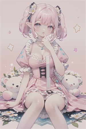 (Masterpiece),  (Best Quality),  (Official Art,  Highly detailed CG unity 8k wallpaper),  (Very detailed),  (((absurdes)),  1 Girl,  Midshot,  (exquisite facial features),  (album cover),  large hair,  light_pink_hair,  light_brown_eyes, elf_ears, pigtail, pink dress with white flowers, a pink bow on the chest, cleavage, white corset, pearl necklace, pearl earrings, surprised expression, one hand covering her mouth, in one hand a My Melodi stuffed animal, sitting with her legs drawn up a pink background with white stars