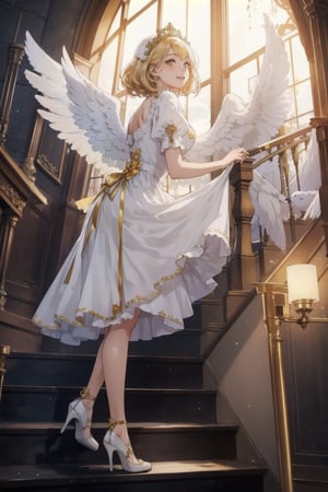 (Masterpiece),  (Best Quality),  (Official Art,  Highly detailed CG unity 8k wallpaper),  (Very detailed),  (((absurdes)),  1 Girl,  Midshot,  (exquisite facial features),  (album cover),  light_yellow_hair,  light_heterochromia_eyes, smile, white and gold holy dress, holy outfit, angel wings, white high heels, many doves flying around her, climbing glass stairs, climbing glass stairs