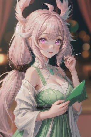 1girl,  High detailed,  masterpiece,  walpaper 8k,  8k,  very_long_hair,  very detail,  4k,  illumination,  best quality,  best illumination,Shion face,pink hair, light pink eyes, two pigtails in her hair, luxurious green dress