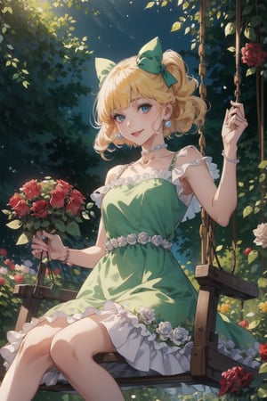 (Masterpiece),  (Best Quality),  (Official Art,  Highly detailed CG unity 8k wallpaper),  (Very detailed),  (((absurdes)),  1 Girl,  Midshot,  (exquisite facial features),  (album cover),  large hair,  light_yellow_hair,  light_blue_eyes, roses in her hair, pearls in her hair, a pastel green choker with a bow, pastel green princess dress with pearls and roses on the dress, in one of her arms a bouquet of beautiful flowers, sitting on a rose swing,pastelbg, little smile, fluffy dress