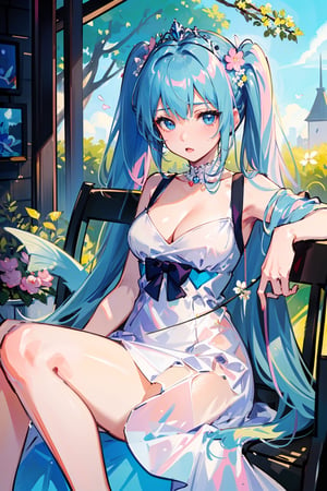 (masterpiece,  best quality,  highres:1.3),  ultra resolution image,  (1Girl),  (solo),  light blue hair, light blue eyes, fluffy dress, white dress, mermaid style, pink flowers on her head, pink flowers on her dress, a pearl tiara on her head, under a tree of pink flowers, pigtails in hair