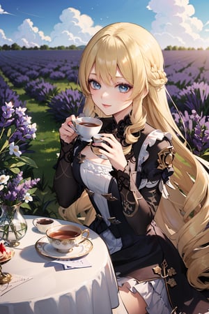 (Masterpiece),  (Best Quality),  (Official Art,  Highly detailed CG unity 8k wallpaper),  (Very detailed),  (((absurdes)),  1 Girl,  Midshot,  (exquisite facial features),  (album cover),  light_yellow_hair,  light_blue_eyes,  large_hair, ,masterpiece, best quality, navia_gi, sunny day, tea time, sitting, in a field of lavender flowers, servants serving her tea, a luxurious cup of tea in her hand, looking at the horizon, slight smile, in the background a field with lavender flowers, a piece of strawberry cake,navia \(genshin impact\), distance, elegant dress